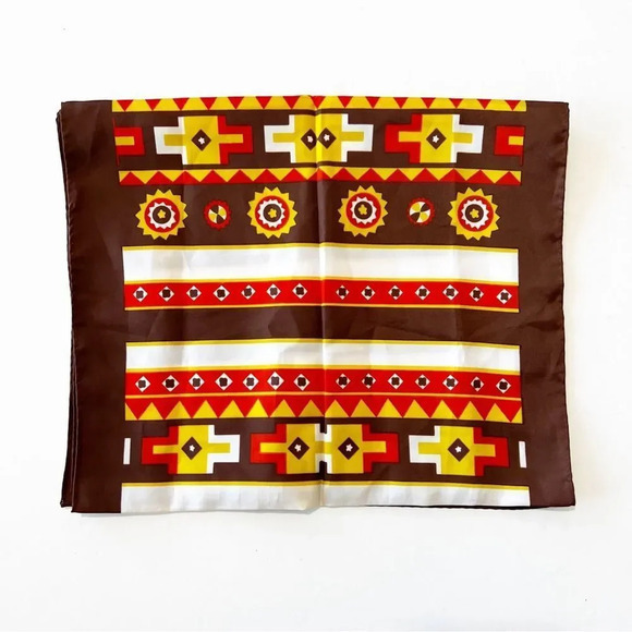 Vintage Rectangle Scarf Made‎ in Japan Brown Orange Yellow 70s Aztec Headscarf - Picture 4 of 8